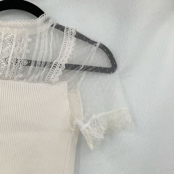 NWT Ete Belle Ribbed Lace Trim Sheer Short Sleeve Blouse White Size M - Picture 5 of 7